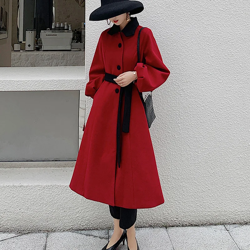 Women's 2021 Autumn and Winter Woolen Hepburn Style Woolen Coat Korean Style Over-the-knee Red Temperament Slim Mid-length Coat 
Women's 2021 Autumn and Winter Woolen Hepburn Style Woolen Coat Korean Style Over-the-knee Red Temperament Slim Mid-length Coat