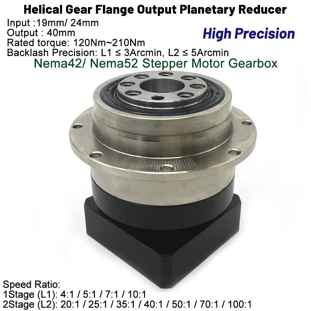 4:1,5:1-100:1 Ratio Helical Gear Planetary Gearbox 19,24mm Input 3Arcmin Flange Output Reducer for Nema42 Nema52 Stepper Motor
4:1,5:1-100:1 Ratio Helical Gear Planetary Gearbox 19,24mm Input 3Arcmin Flange Output Reducer for Nema42 Nema52 Stepper Motor