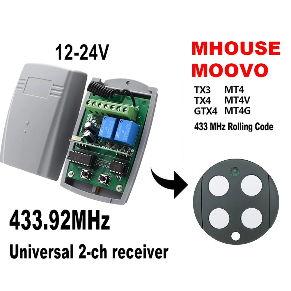Garage Door Remote Control MHOUSE GTX GTX4 433MHz RF Receiver 12V 24V Universal 2 Channel Controller Switch Transmitter Keychain
Garage Door Remote Control MHOUSE GTX GTX4 433MHz RF Receiver 12V 24V Universal 2 Channel Controller Switch Transmitter Keychain