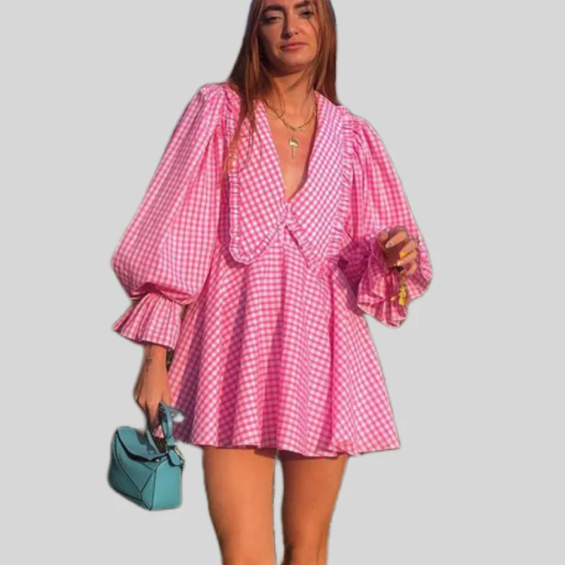 Summer Dress Women 2023 Pink Plaid Doll Collar Lantern Sleeve Vestidos Para Mujer Mini A-Line Abiye Elbise Short Dresses Kleid
Summer Dress Women 2023 Pink Plaid Doll Collar Lantern Sleeve Vestidos Para Mujer Mini A-Line Abiye Elbise Short Dresses Kleid