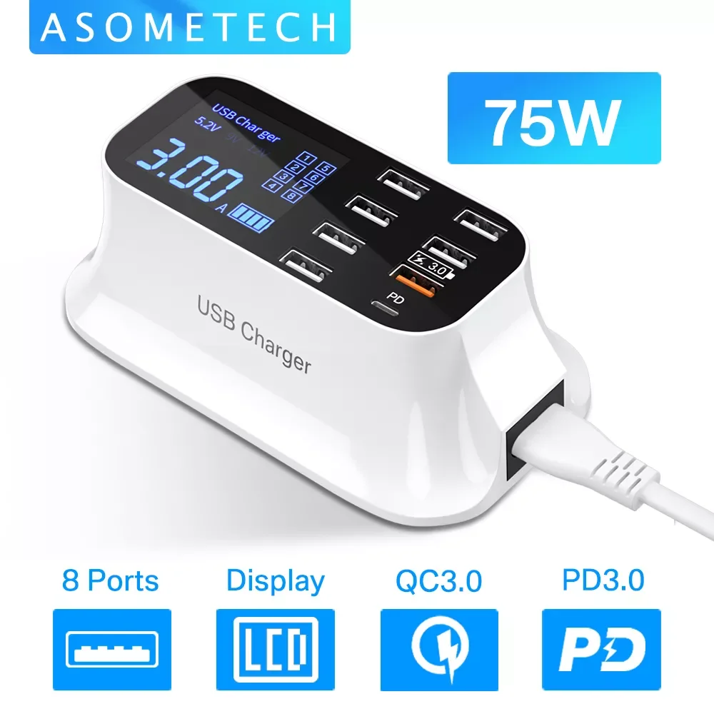 8-Port LED Display USB Charger Quick Charge PD USBC Charger For iPhone 13 12 Phone Tablet Fast Charger For Xiaomi Huawei Samsung
8-Port LED Display USB Charger Quick Charge PD USBC Charger For iPhone 13 12 Phone Tablet Fast Charger For Xiaomi Huawei Samsung