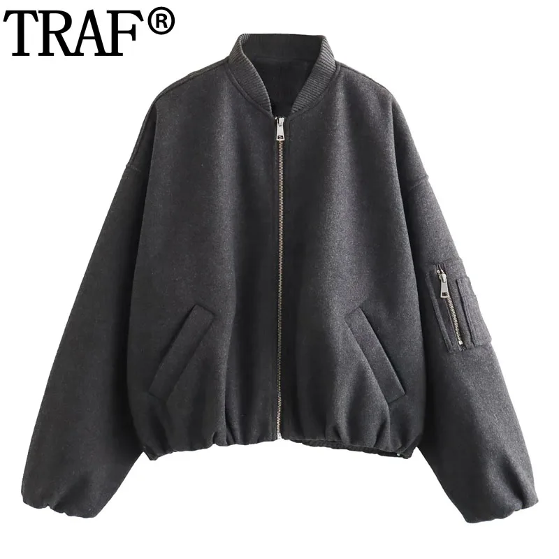 

TRAF Bomber Jackets For Women Zip Up Grey Cropped Jacket Woman Y2K Autumn New In Coats Streetwear Long Sleeve Aviator Jackets