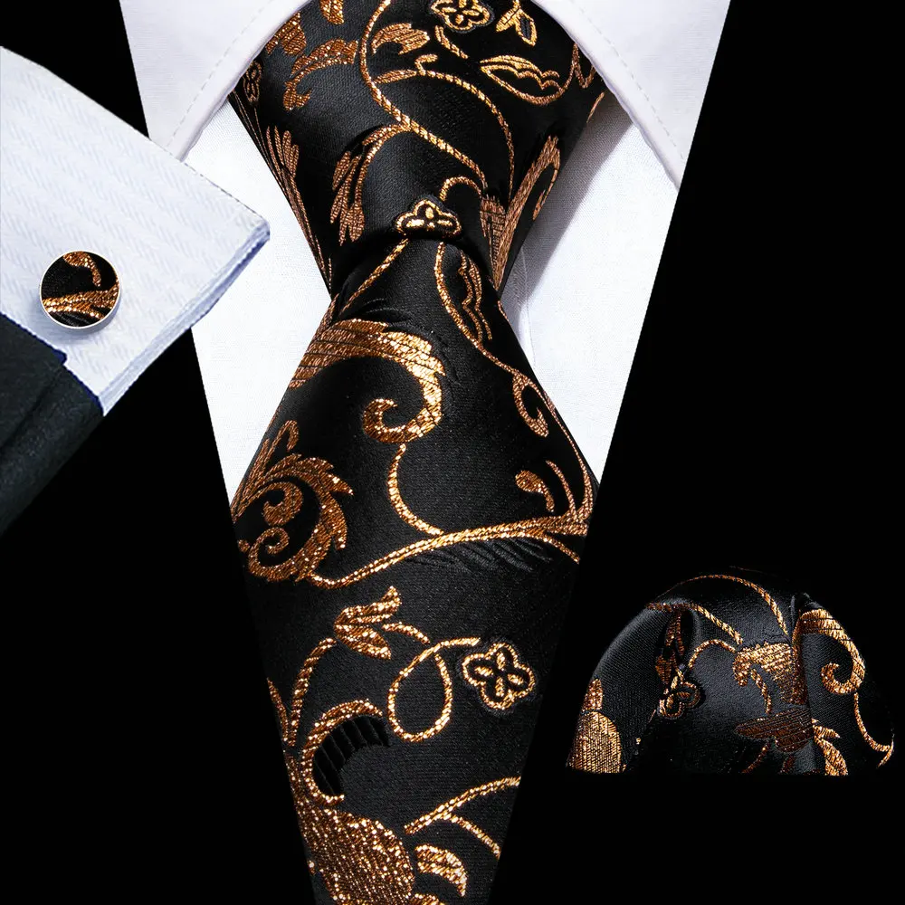 

Black Fashion Gold Floral Men Silk Necktie Brooches Men Tie Handkerchief Cufflinks Sets Men Gift Barry.Wang Designer FA-5823