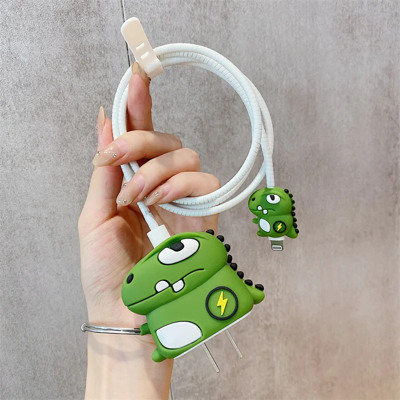 

Cartoon 3D Lightning Dinosaur Silicone USB Cable Protector Data Line Cord Protective Soft Case For iPhone 18/20W Winder Organize