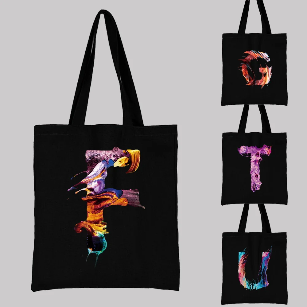 Woman Black Shopping Bag Casual Canvas Large Capacity Reusable Paint Initial Name Letter Printed Shoulder Bag Student Handbag
Woman Black Shopping Bag Casual Canvas Large Capacity Reusable Paint Initial Name Letter Printed Shoulder Bag Student Handbag