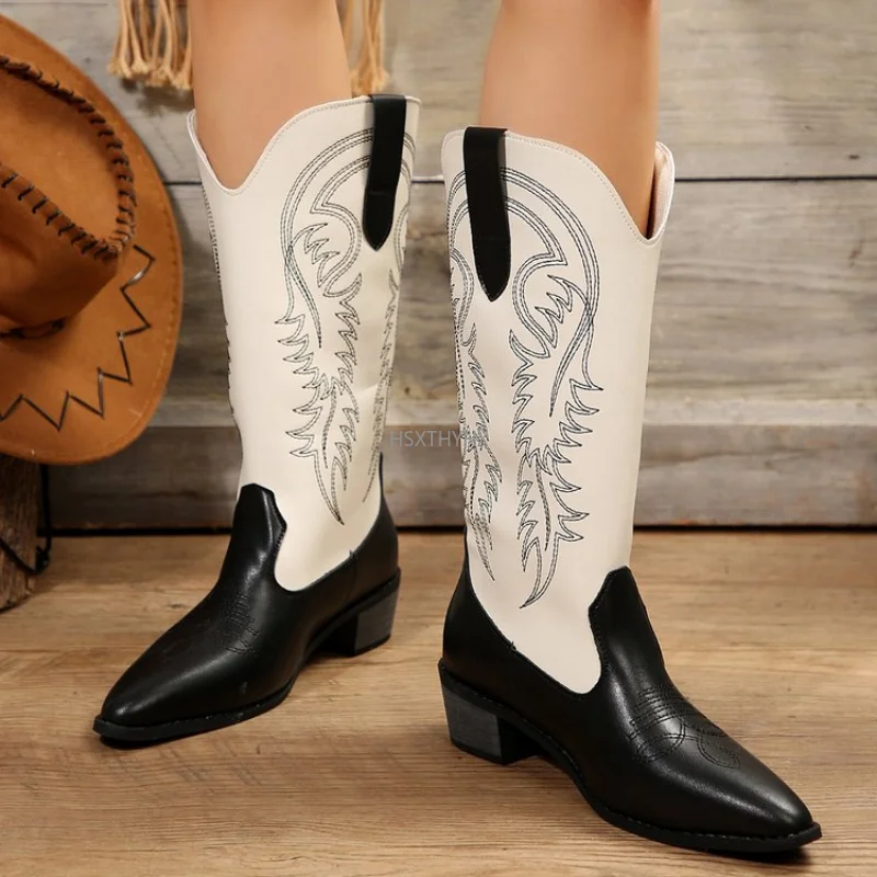 Black White Pointed Toe British Style Women's White Embroidered Western Cowboy Boots Autumn and Winter New Knight Boots
Black White Pointed Toe British Style Women's White Embroidered Western Cowboy Boots Autumn and Winter New Knight Boots