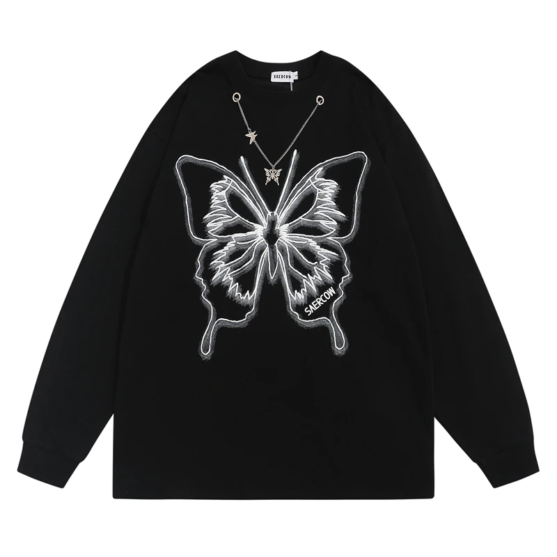 Retro Butterfly Print Necklace Long Sleeve Top Tees for Men and Women Autumn Round Neck High Street Cotton T Shirt Oversize
Retro Butterfly Print Necklace Long Sleeve Top Tees for Men and Women Autumn Round Neck High Street Cotton T Shirt Oversize