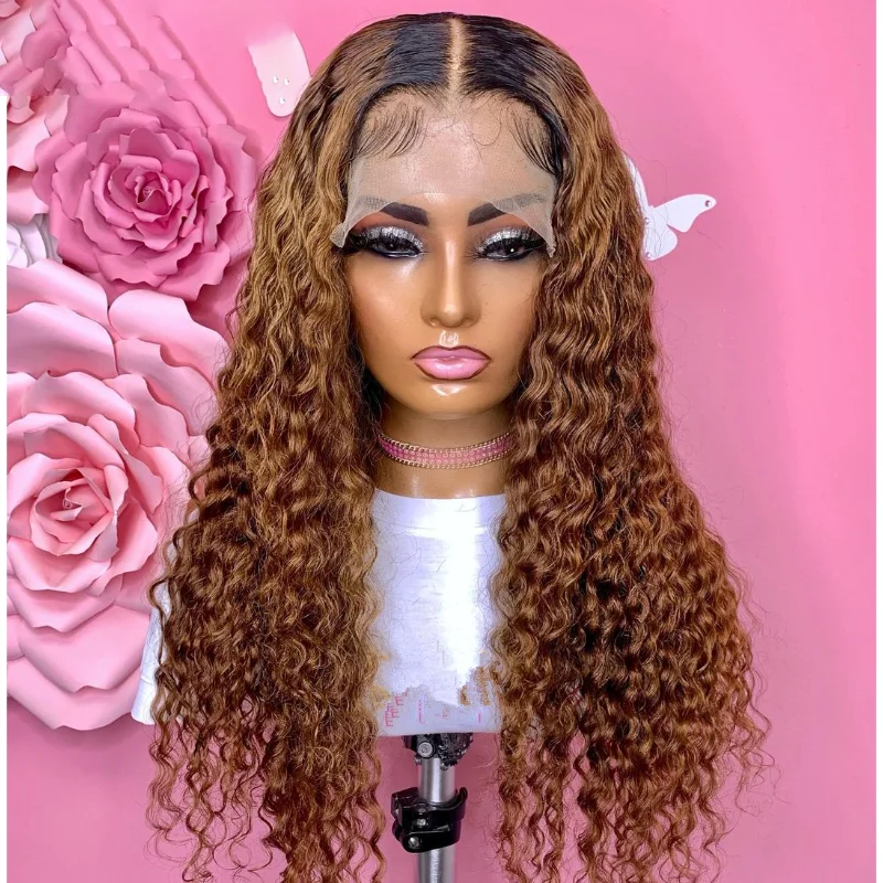 

Ombre Blonde Glueless Soft Preplucked 26 inch Long 200 Density Deep Kinky Curly Lace Front Wigs For Black Women Babyhair Daliy