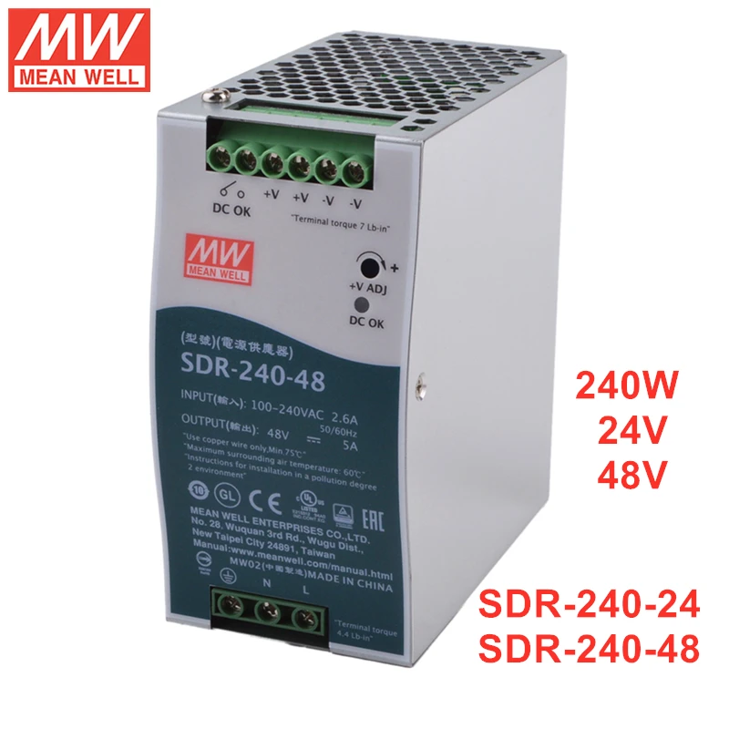 MEAN WELL SDR-240 Series Одноканальный промышленный источник питания мощностью 240 Вт, устанавливаемый на DIN-рейку, с функцией коррекции коэффициента мощности SDR-240-24 SDR-240-48
MEAN WELL SDR-240 Series Одноканальный промышленный источник питания мощностью 240 Вт, устанавливаемый на DIN-рейку, с функцией коррекции коэффициента мощности SDR-240-24 SDR-240-48