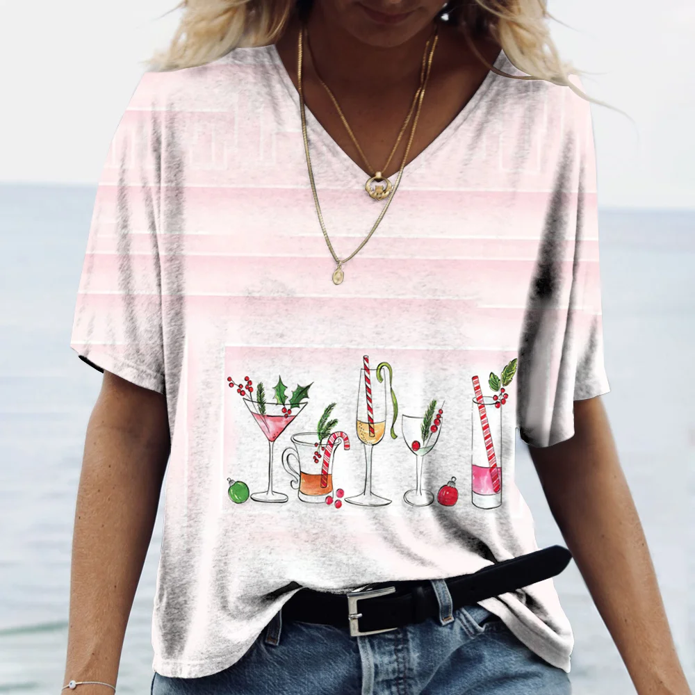 Fashion Women's V-neck Top Short Sleeve T-shirts Summer New 3D Christmas Red Wine Cup Print Casual Street Fashion Y2K Oversized
Fashion Women's V-neck Top Short Sleeve T-shirts Summer New 3D Christmas Red Wine Cup Print Casual Street Fashion Y2K Oversized