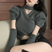 2023 Winter for Women Korean Style Retro Soft Cashmere Screw Thread Sweater Removable Puff Sleeves Slim Sweater Pullover Tops