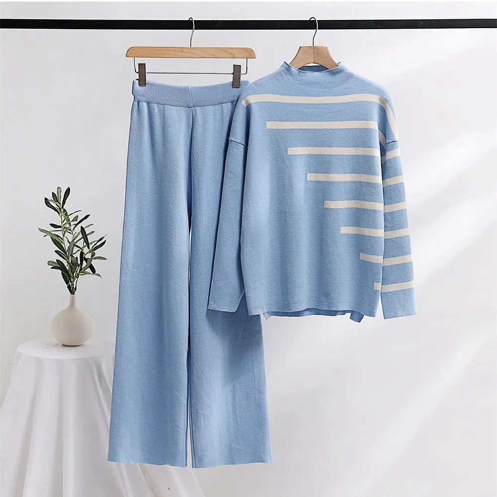 Autumn Winter Striped Knitted Pants Sets Mockneck Sweater Loose Casual Wide Leg Pants Fashion Two Piece Set for Women Outfits
Autumn Winter Striped Knitted Pants Sets Mockneck Sweater Loose Casual Wide Leg Pants Fashion Two Piece Set for Women Outfits