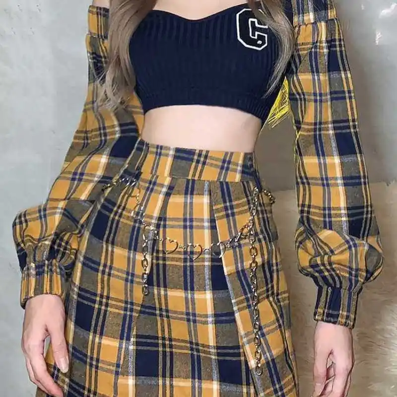 Youth Stitching Contrast Color Plaid Beautiful Wild One-Line Collar Long-Sleeved Short Top With A-Line Skirt 2 Two-Piece
Youth Stitching Contrast Color Plaid Beautiful Wild One-Line Collar Long-Sleeved Short Top With A-Line Skirt 2 Two-Piece