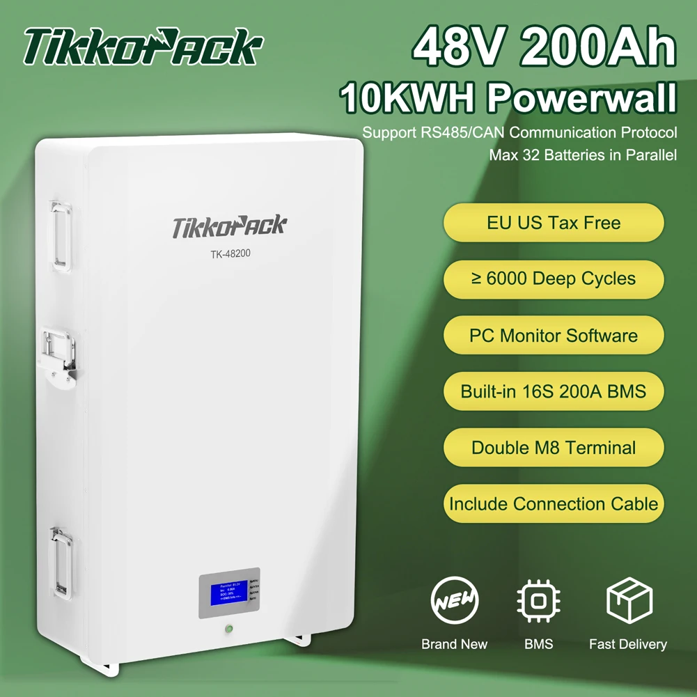 TIKKOPACK 48V 200Ah Powerwall 10KWh LiFePO4 Battery Pack With 16S BMS RS485 CAN 32 Parallel For Home Solar Storage 10KW Tie Grid
TIKKOPACK 48V 200Ah Powerwall 10KWh LiFePO4 Battery Pack With 16S BMS RS485 CAN 32 Parallel For Home Solar Storage 10KW Tie Grid