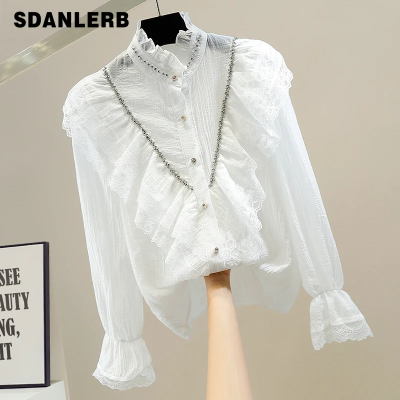 Fashion Heavy Industry Stand Collar Shirt Stitching Diamond Lace Ruffled Tops Women's Design Single-Breasted Camisas De Mujer
Fashion Heavy Industry Stand Collar Shirt Stitching Diamond Lace Ruffled Tops Women's Design Single-Breasted Camisas De Mujer