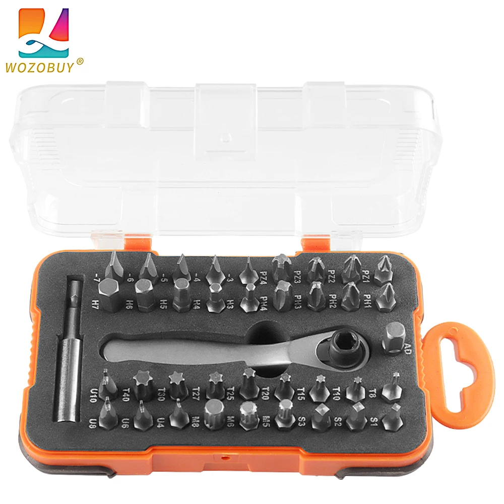 

WOZOBUY 39 in1 Mini Ratchet Wrench Screwdriver Bit Set with 1/4" Hex Shank Phillips/Pozidriv/Hexagon/Torx/Slotted/Square Bits