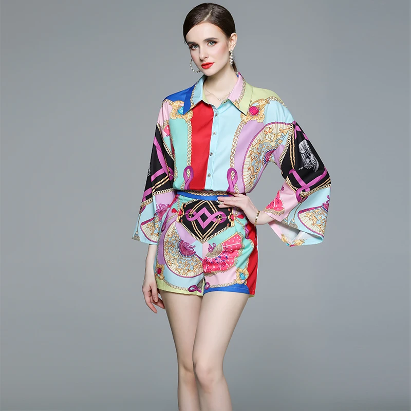 Fashion Runway Summer Shorts Suit Women Turn-down Collar Flare Sleeve Single Breasted Vintage Shirts and Shorts 2 Pieces Set
Fashion Runway Summer Shorts Suit Women Turn-down Collar Flare Sleeve Single Breasted Vintage Shirts and Shorts 2 Pieces Set