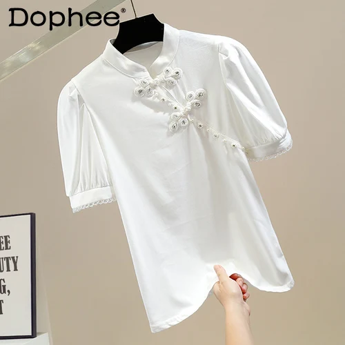 Beads Diamond-Embedded Irregular Retro Buckle T-Shirts Women Stand Collar Pleated Puff Short Sleeve Pullover Elegant Top
Beads Diamond-Embedded Irregular Retro Buckle T-Shirts Women Stand Collar Pleated Puff Short Sleeve Pullover Elegant Top