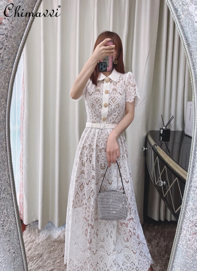 Fashion Design French Retro High Waist Slimming White Lace Dress 2022 Summer New Elegant Short Sleeve Lapel Large Hem Long Dress
Fashion Design French Retro High Waist Slimming White Lace Dress 2022 Summer New Elegant Short Sleeve Lapel Large Hem Long Dress
