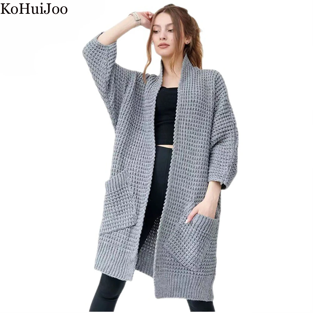 

KoHuiJoo Europe 2022 Women Sweater Coat Autumn Batwing Sleeve Lazy Style Loose Pocket Design Thick Warm Long Cardigan Outerwear