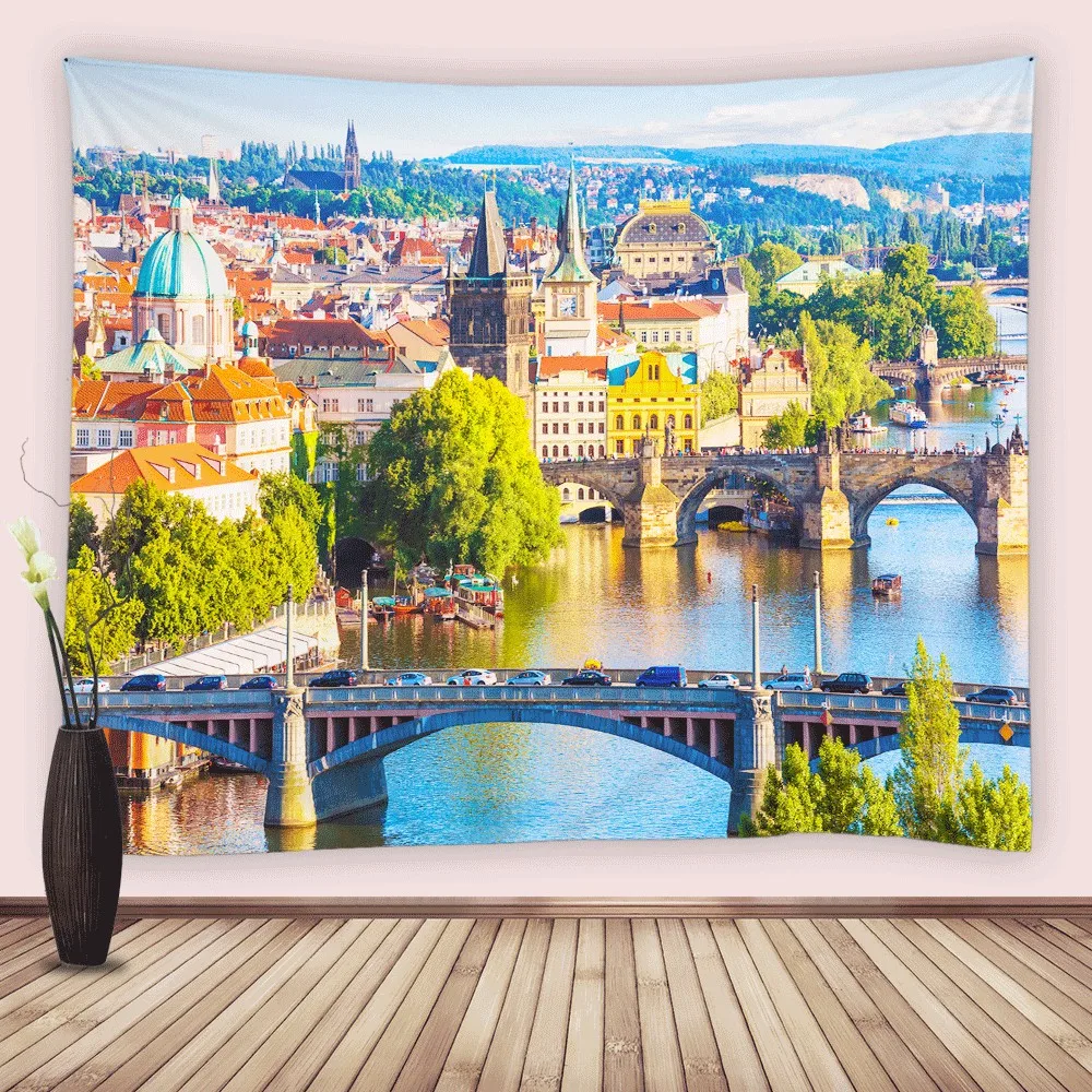 

European City Bridge River Tapestry Vintage Architecture Scenery Tapestry Bedroom Living Room Wall Hanging Blanket Beach Towel