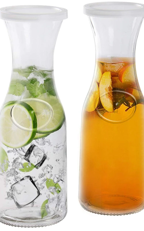 Glass Beverage Pitcher Carafe With Plastic Lids, Narrow Neck Design, 1 liter (33oz) Set of 2
Glass Beverage Pitcher Carafe With Plastic Lids, Narrow Neck Design, 1 liter (33oz) Set of 2