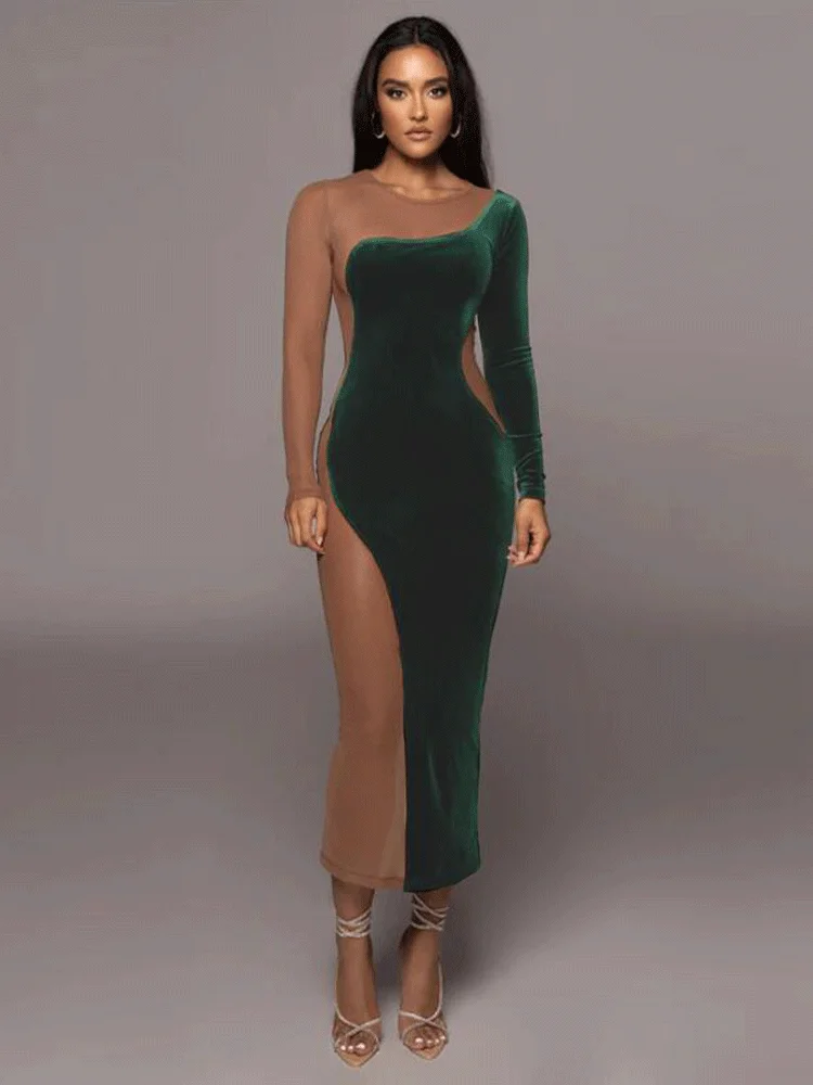 Ladies Mesh Patchwork Sexy Club Wear Y2K Clothes Velvet Long Sleeve O-Neck Bodycon Midi Dresses For Women Streetwear Fall Outfit
Ladies Mesh Patchwork Sexy Club Wear Y2K Clothes Velvet Long Sleeve O-Neck Bodycon Midi Dresses For Women Streetwear Fall Outfit