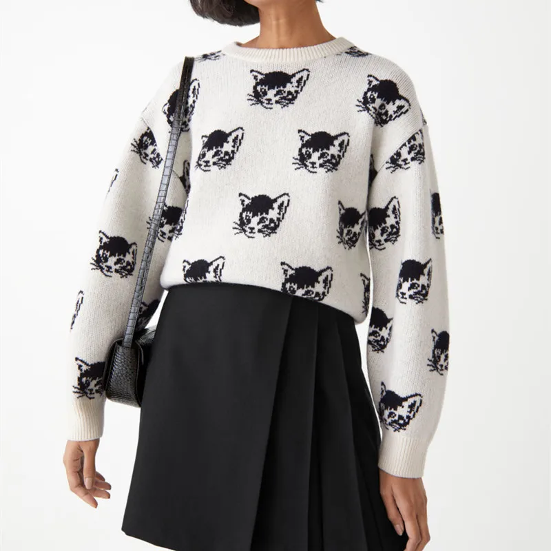 Женский трикотажный свитер с длинным рукавом, милый пуловер с котами, женский джемпер, новинка 2021 
Женский трикотажный свитер с длинным рукавом, милый пуловер с котами, женский джемпер, новинка 2021