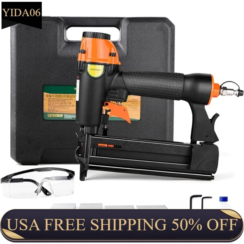 

DOTOOL 18 Gauge Pneumatic Brad Nailer 2-in-1 Nail Accepts 5/8 to 2 Inch Brad Nails and 5/8 to 1-5/8 Inch Crown Staples