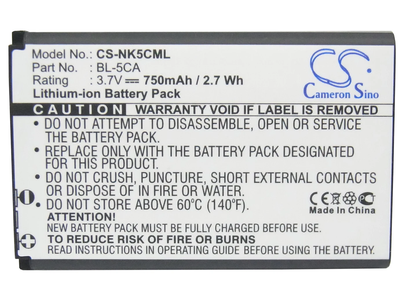 

Cameron Sino 750mA Battery for Nokia C2,C2-01,C2-02,C2-03,C2-06,C2-07,E50,E60,LD-3W,X2-01 BL-5C,BL-5CA,BL-5CB,BR-5C