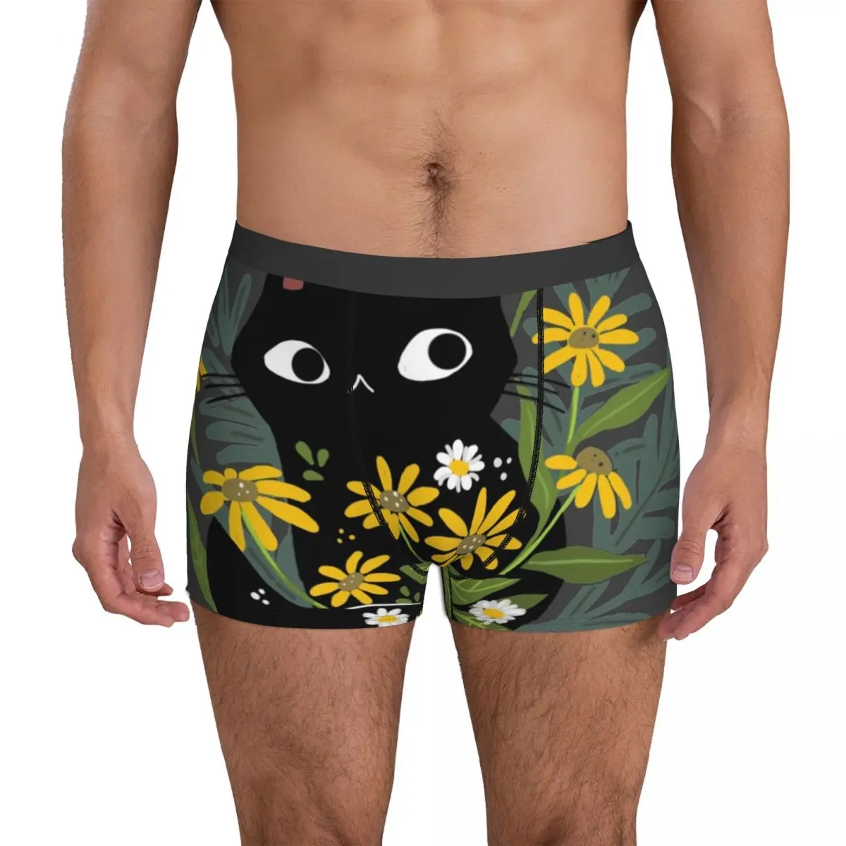 

With Cat Underwear Black cat with flowers 3D Pouch Hot Boxershorts Sublimation Boxer Brief Funny Male Underpants Big Size 2XL