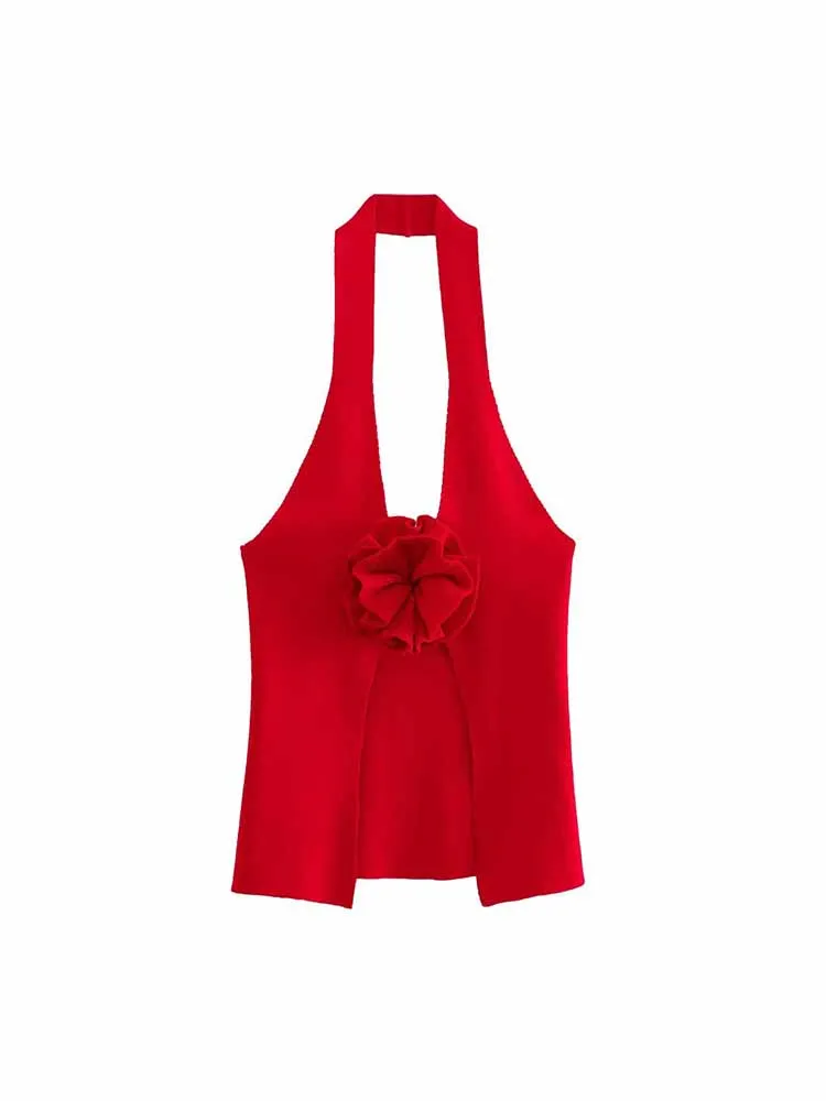 Women New Fashion Flower decoration Hanging neck Slim Knitted Tops Vintage sleeveless backless Female Pullovers Chic Tops 
Women New Fashion Flower decoration Hanging neck Slim Knitted Tops Vintage sleeveless backless Female Pullovers Chic Tops