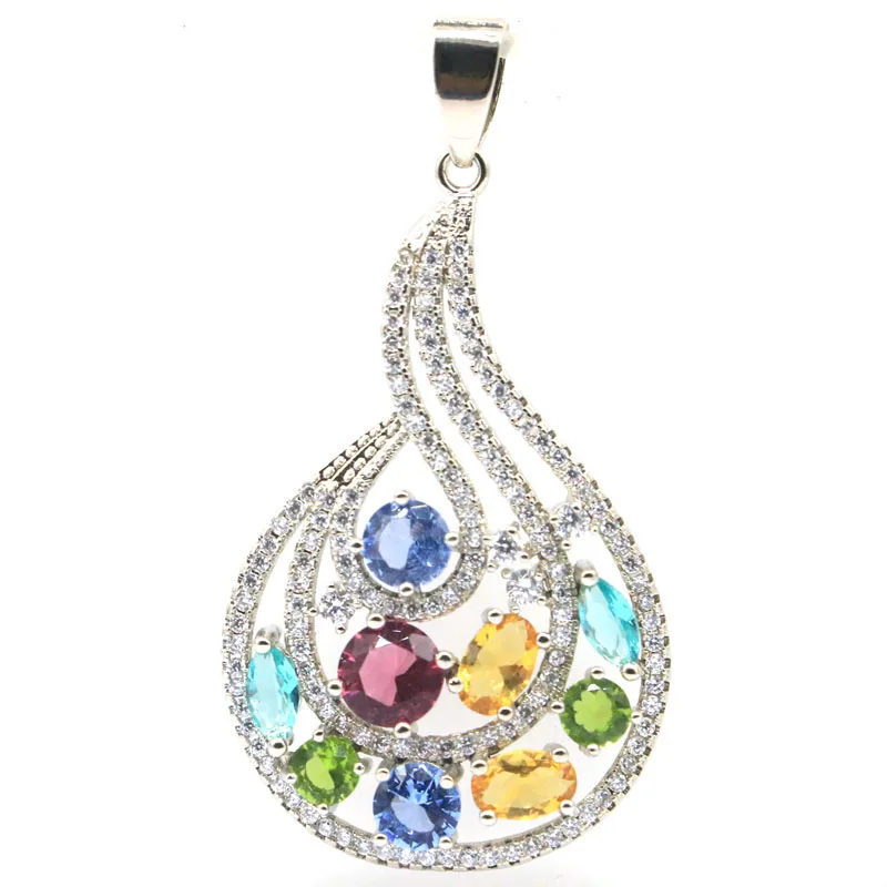 

48x26mm Multi Color Golden Citrine Green Peridot Pink Tourmaline Violet Tanzanite Rainbow Mystical Topaz White CZ Silver Pendant