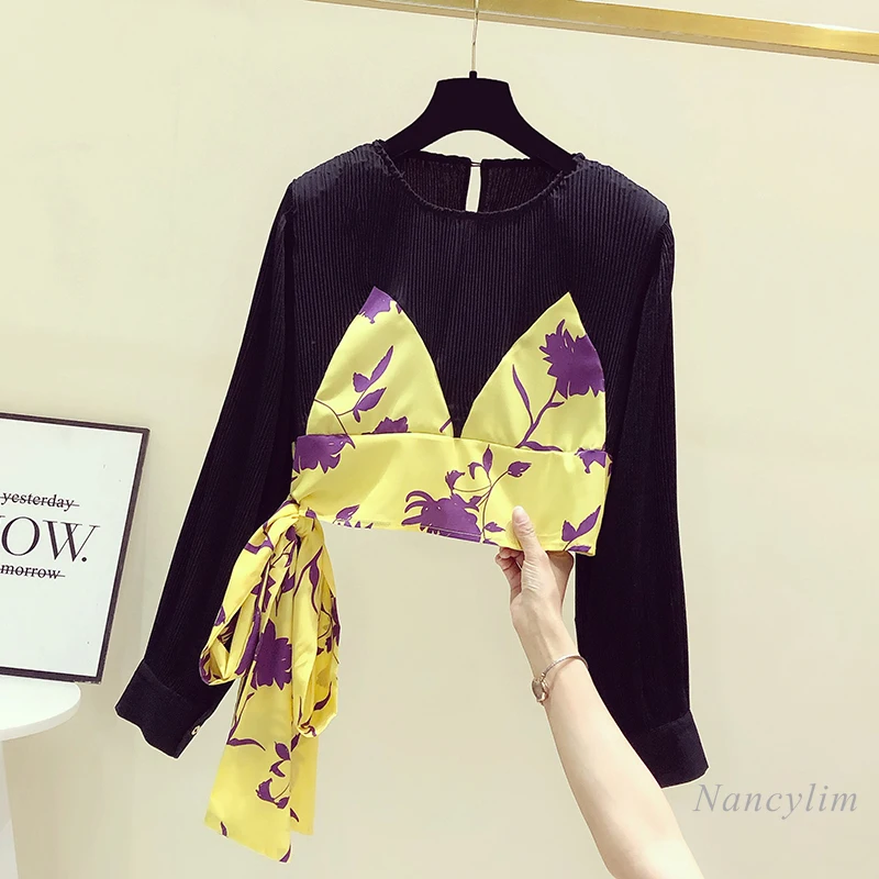 2022 Spring Summer Short Blouse for Women Color Contrast Patchwork Fake Two-Piece Floral Shirt Lace-up Bow Pleated Top Blusas
2022 Spring Summer Short Blouse for Women Color Contrast Patchwork Fake Two-Piece Floral Shirt Lace-up Bow Pleated Top Blusas