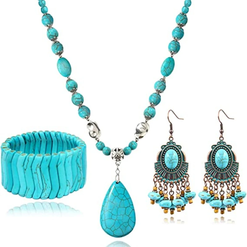4 Pieces Bohemian Turquoise Jewelry set for Women Western Pendant Necklace Dangle Earrings Stretchable Bracelet dubai jewelry
4 Pieces Bohemian Turquoise Jewelry set for Women Western Pendant Necklace Dangle Earrings Stretchable Bracelet dubai jewelry