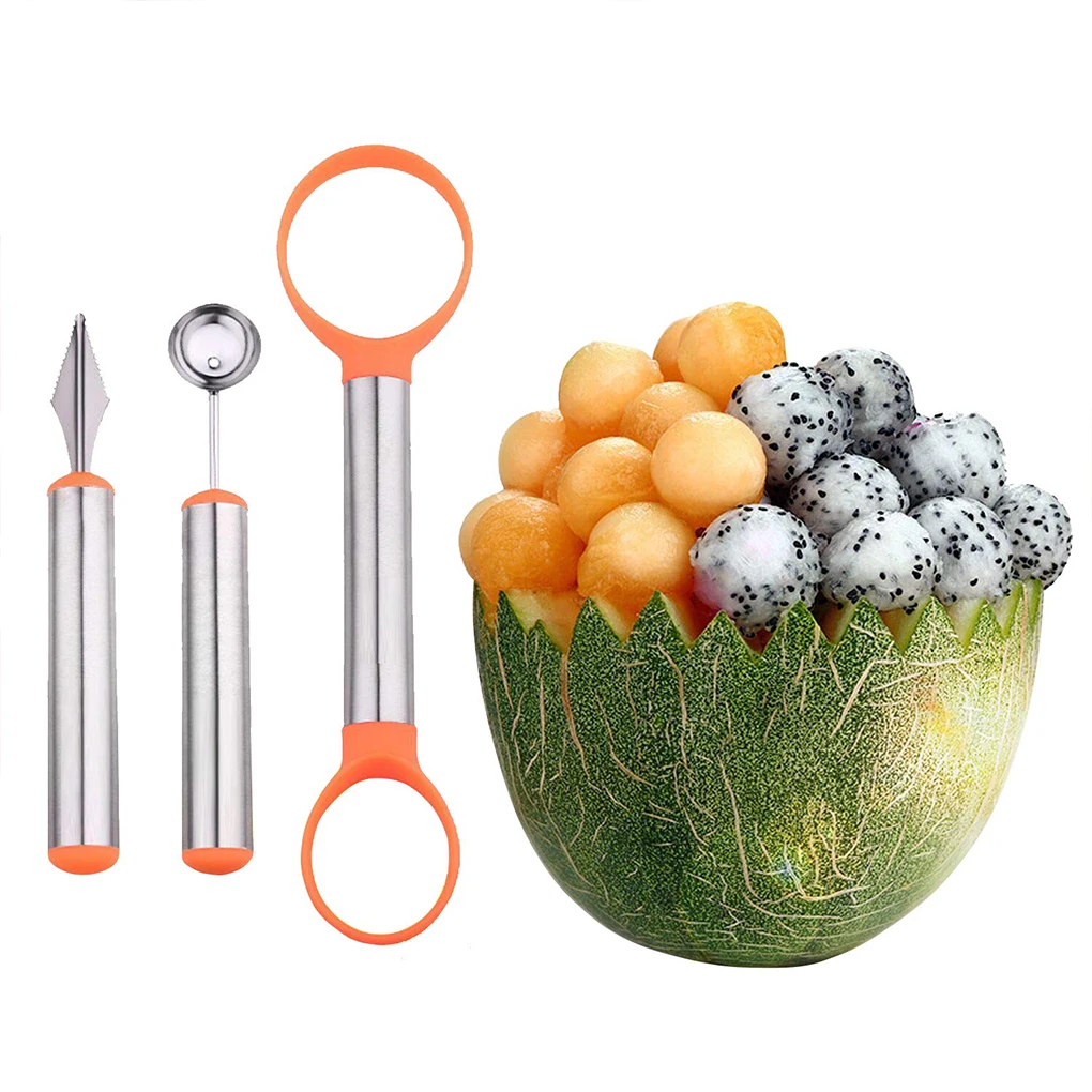 

3-in-1 Stainless Steel Melon Baller & Carving Knife & Fruit Scoop Set for Fruit Slicer Dig Pulp Separator and Carve