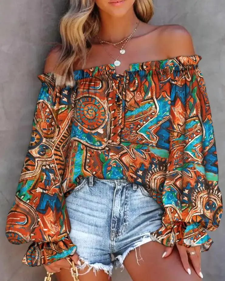 

Bohemian Top for Women Lose Vacation Tops Female Tribal Print Off Shoulder Slash Neck Lantern Sleeve Shirred Top Summer Casual