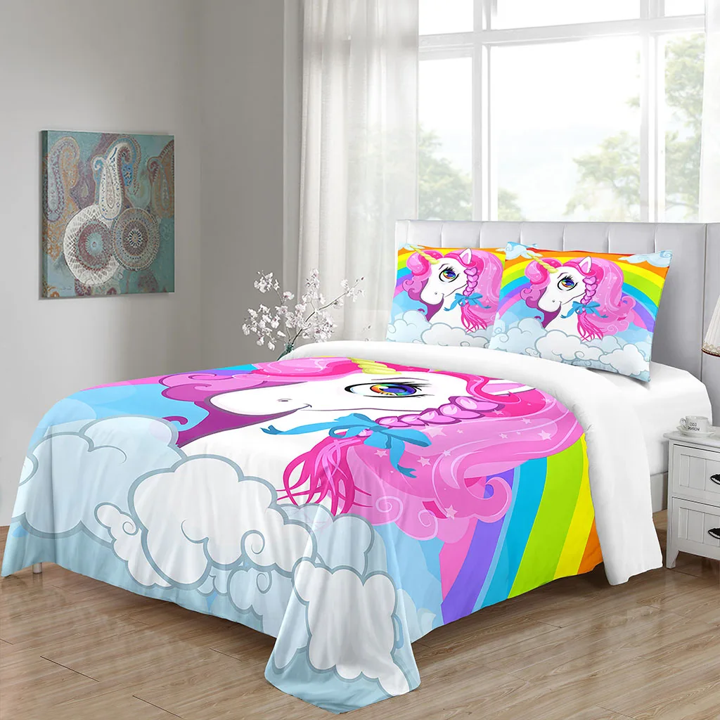 

Комплект постельного белья с милым мультяшным розовым радужным единорогом, девочкой, король, королева, двойная, полный комплект постельного белья, односпальная, двуспальная кровать, комплект пододеяльника и 2 наволочки
