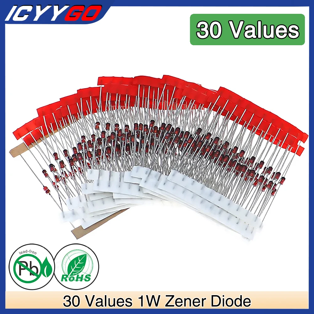 30 Values 1W Zener Diode Assorted Kit 3V 3.3V 3.6V 5.1V 5.6V 7.5V 10V 12V 13V 15V 16V 18V 20V 22V 24V 30V 33V 47V Assortment Set
30 Values 1W Zener Diode Assorted Kit 3V 3.3V 3.6V 5.1V 5.6V 7.5V 10V 12V 13V 15V 16V 18V 20V 22V 24V 30V 33V 47V Assortment Set