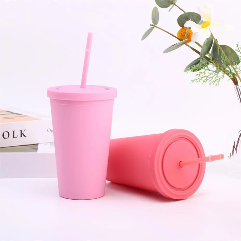 

Cute Coffee Cup With Cover Straw Thermostability Rubber Water Cup 450ml Double Walled Cup Tableware High-capacity Straw Cup