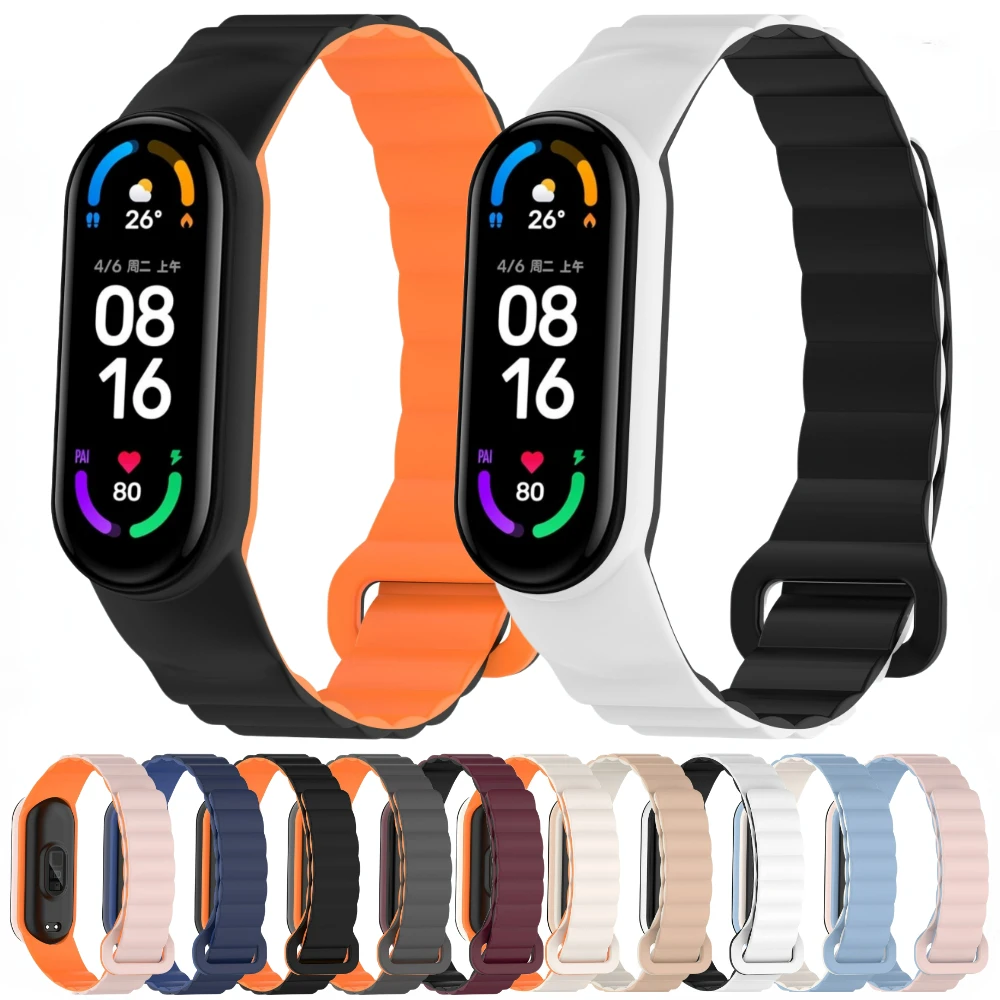 

Magnetic Silicone Strap For Xiaomi Mi Band 7 6 5 4 3 Bracelet Two-tone Wristband for Mi Band 6 5 Mi Band 4 3 7 Adjustable Strap