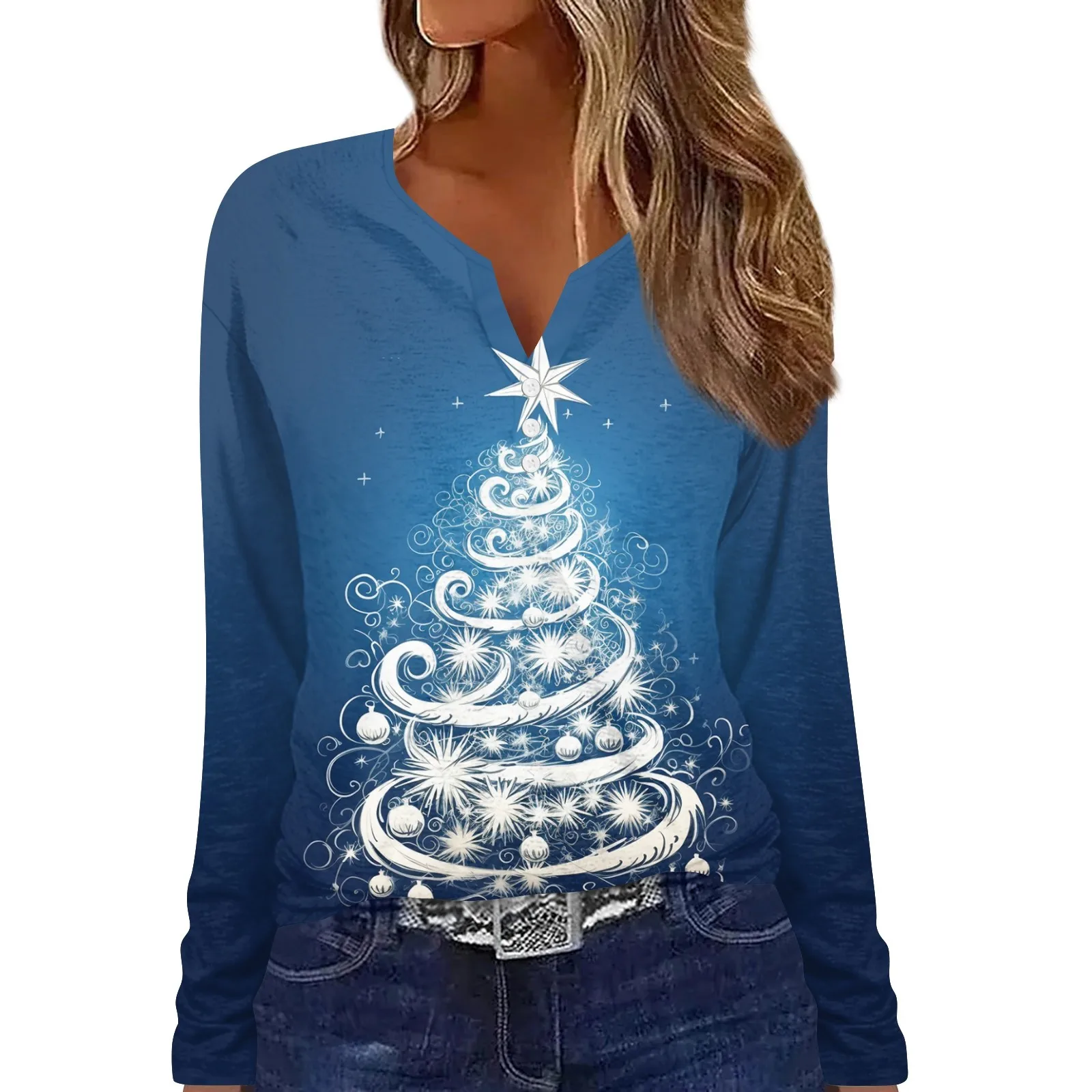 Women's T Shirt Button V Neck Christmas Tree Print Blouse Long Sleeve Daily Weekend Fashion Basic V Neck Regular Tops Female
Women's T Shirt Button V Neck Christmas Tree Print Blouse Long Sleeve Daily Weekend Fashion Basic V Neck Regular Tops Female
