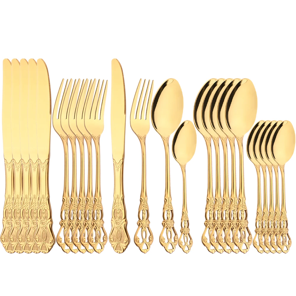 

Набор королевских столовых приборов, комплект из 24 приборов золотого цвета, из нержавеющей стали, ложка, вилки, ножи, Кухонное винтажное столовое серебро, подарочная посуда