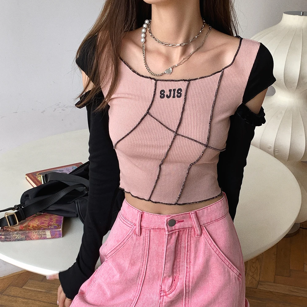2022 spring new women's clothing ins girl off-the-shoulder color-blocking round neck slim long-sleeved short T-shirt design top
2022 spring new women's clothing ins girl off-the-shoulder color-blocking round neck slim long-sleeved short T-shirt design top