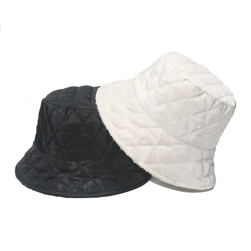 

Wear Autumn And Winter Down Cotton Fisherman's Hat On Both Sides, Female Lamb Plush Warm, Diamond Lattice, Small Face, Basin Cap