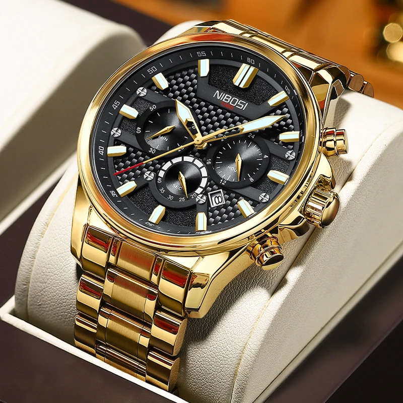 

NIBOSI New Luxury Chronograph Quartz Watch for Men Gold Stainless Steel trap Waterproof Calendar Watches Relogio Masculino Saat