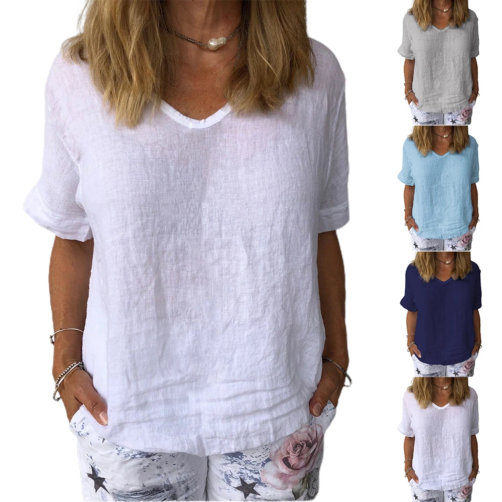 Summer Linen T-shirt Women Solid Loose T Shirt Short Sleeve Casual V-Neck Casual Baggy Female Tee Shirt Top
Summer Linen T-shirt Women Solid Loose T Shirt Short Sleeve Casual V-Neck Casual Baggy Female Tee Shirt Top