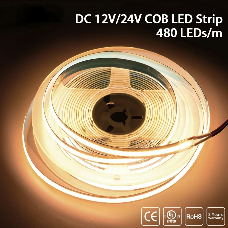 

Strip Light UL Listed COB LED 320 480 LEDs/m 16.4ft High Density Flexible Tape Ribbon 3000-6500K RA90 Led Lights DC12V 24V