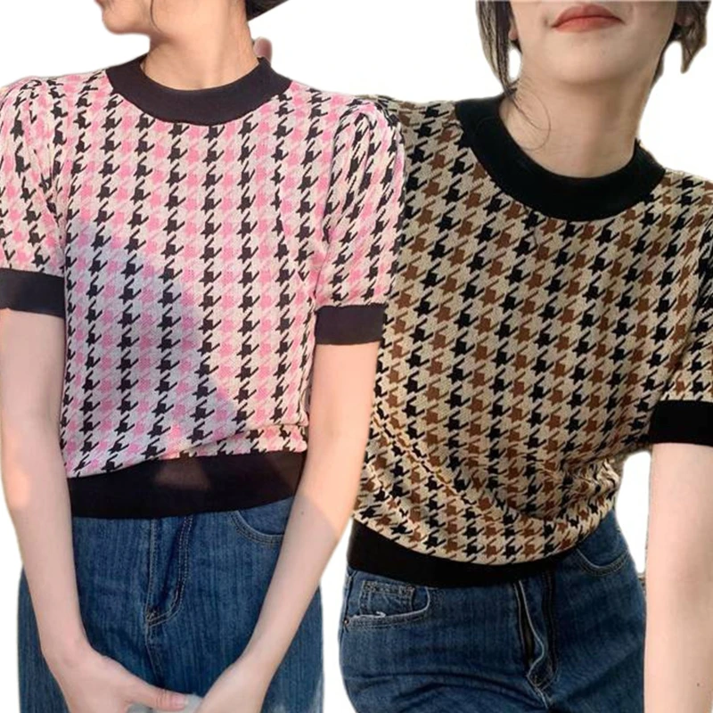 573B Puff Short Sleeve Sweater T-Shirt Women Knitted Houndstooth Crop Top Streetwear
573B Puff Short Sleeve Sweater T-Shirt Women Knitted Houndstooth Crop Top Streetwear