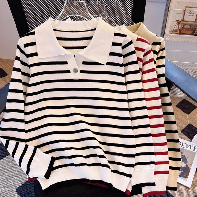 Polo Collar Women Knit Black Sweater Slim Long Sleeve V-neck 2022 Top Female Color Stripe Autumn Winter Basic Knitted Pullover
Polo Collar Women Knit Black Sweater Slim Long Sleeve V-neck 2022 Top Female Color Stripe Autumn Winter Basic Knitted Pullover